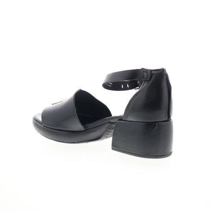 Crue Womens Black Leather Hook & Loop Heeled Sandals Shoes