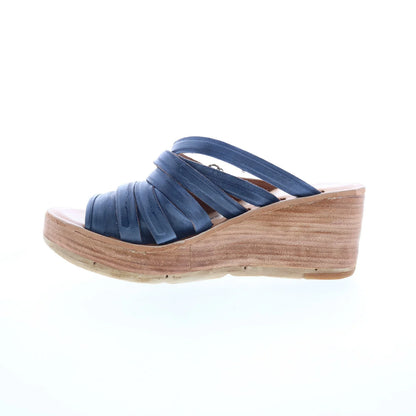 Nicolls Womens Blue Leather Slip On Wedges Sandals Shoes