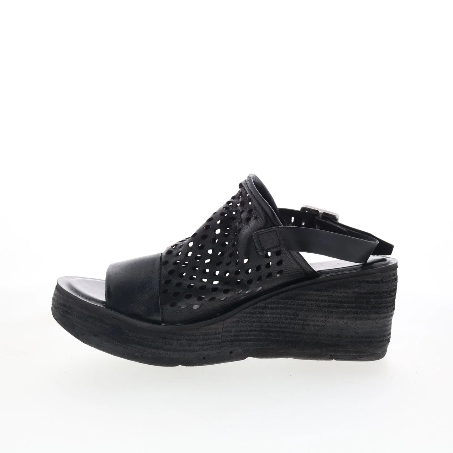 Normie Womens Black Leather Hook & Loop Wedges Sandals Shoes