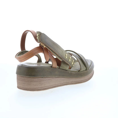 Shiloh Womens Green Leather Strap Wedges Sandals Shoes
