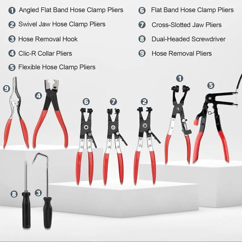 9 Piece Hose Clamp Pliers Set with Long Reach Flexible Cable Design