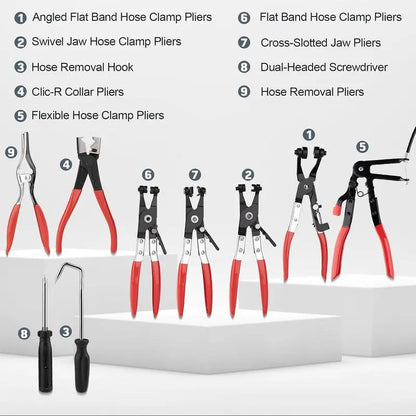 9 Piece Hose Clamp Pliers Set with Long Reach Flexible Cable Design