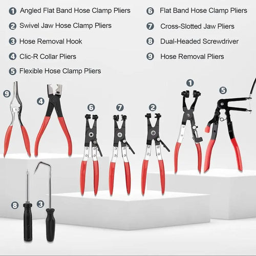 9 Piece Hose Clamp Pliers Set with Long Reach Flexible Cable Design
