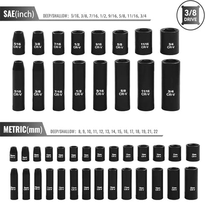 Complete Impact Socket Set with SAE & Metric Sockets, Adapters & Storage Case