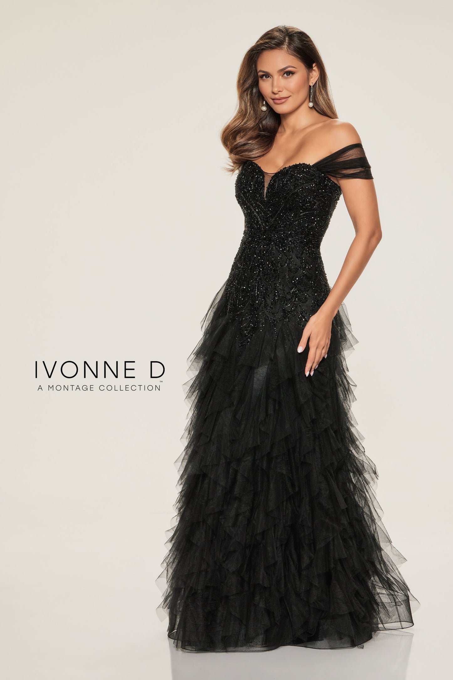 Ivonne D ID806 Long Formal Ruffled Beaded Sequin Evening Dress
