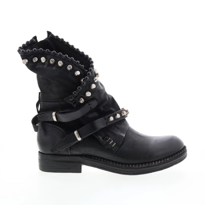 Vianne 250202-102 Womens Black Leather Hook & Loop Mid Calf Boots